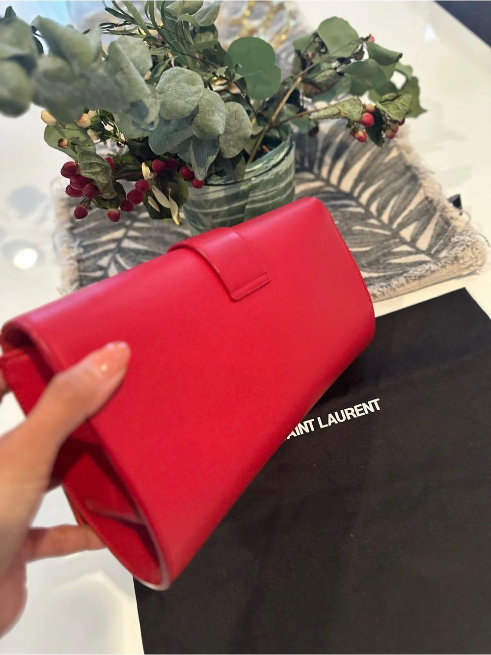 AUTHENTIC Saint Laurent Calfskin Red Leather Y-Closure Clutch with Gold Hardware